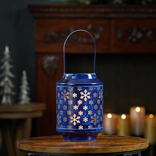 9.75" Blue Punched Metal Snowflake Candle Lantern